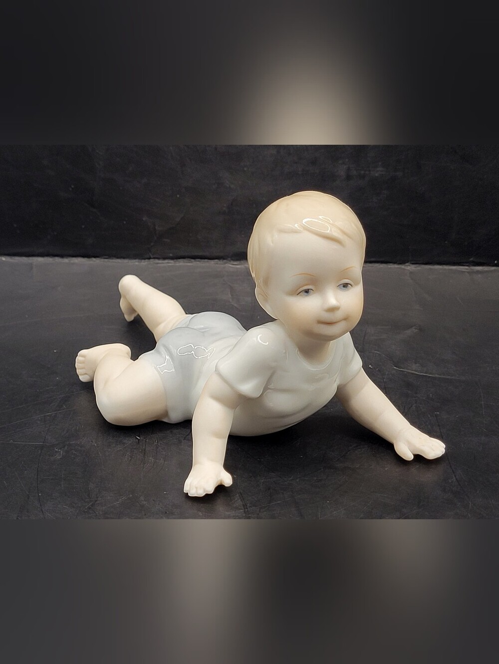 Vintage Bisque Porcelain Crawling Piano Baby Boy Figurine Blue Romper Matte 5.5"